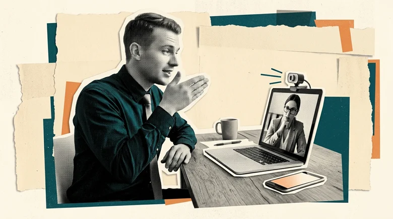 Illustration of a job candidate on a video interview waving one hand in front of their face while a webcam and a second hidden screen sit on the desk