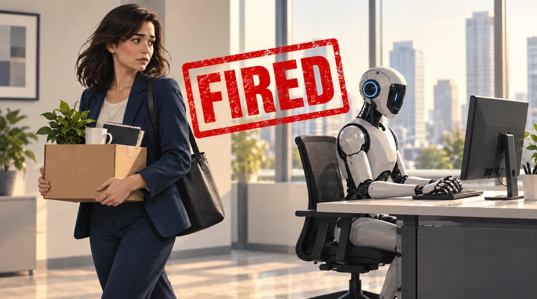 A woman in a navy suit carries a box of desk belongings out of an office while a white humanoid robot sits at her desk working at the computer, with a red FIRED stamp across the middle