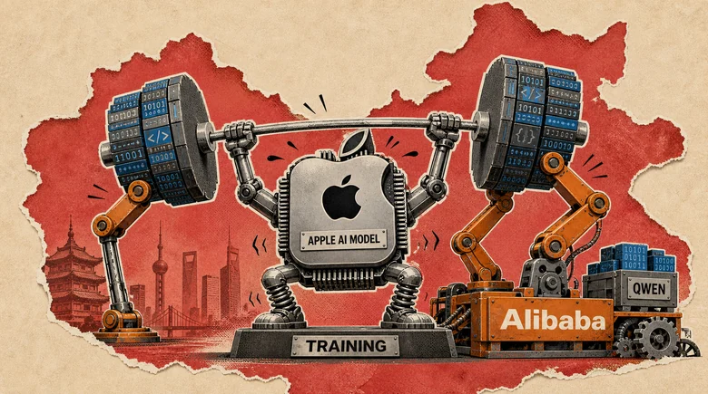 Halftone paper-collage illustration of a cast-iron robot carrying the Apple logo and a plate reading APPLE AI MODEL, straining to lift a barbell whose weights are stacked with binary and code symbols, standing on a plinth marked TRAINING while an orange Alibaba forklift loaded with a QWEN crate props up the right end, all set against a torn-paper red map of China with the Shanghai skyline behind