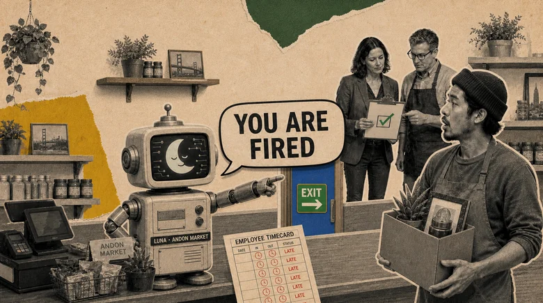 Halftone paper-collage illustration of a retro robot badged LUNA, ANDON MARKET with a moon-face logo on its screen, pointing at a departing worker who carries a box of belongings, a speech bubble above it reading YOU ARE FIRED, an EMPLOYEE TIMECARD in the foreground with every row stamped LATE in red, and two Andon Labs staff behind holding a clipboard with a green tick beside an EXIT sign