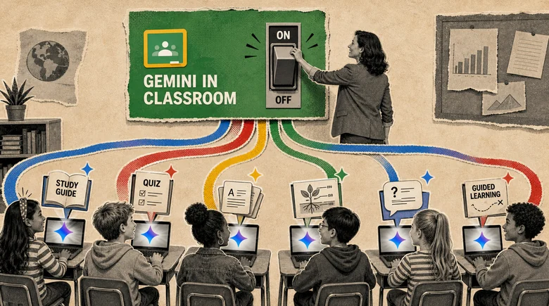 Halftone paper-collage illustration of a teacher reaching up to a giant toggle switch flipped to ON, mounted on a green chalkboard panel carrying the Google Classroom logo and the words GEMINI IN CLASSROOM, with blue, red, yellow and green ribbons flowing down from the switch to seven school children at laptops, each laptop showing a Gemini sparkle and each child topped by a paper card reading Study Guide, Quiz, Guided Learning and other study tools