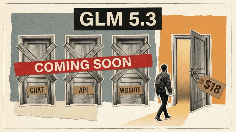 Halftone paper-collage illustration of four doors under a black sign reading GLM 5.3. Three doors on a grey panel are boarded shut with crossed planks and covered by one red COMING SOON tape strip, their plaques reading CHAT, API and WEIGHTS. The fourth door on an orange panel stands open with warm light spilling out and a cardboard price tag reading $18 hanging from the handle, as a developer carrying a laptop walks toward it