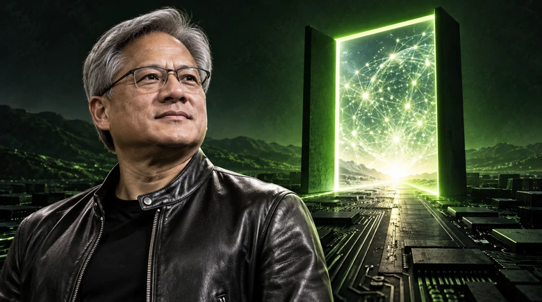NVIDIA CEO Jensen Huang in his black leather jacket, looking up, against a green NVIDIA-toned landscape of circuitry with a glowing gateway of network nodes behind him