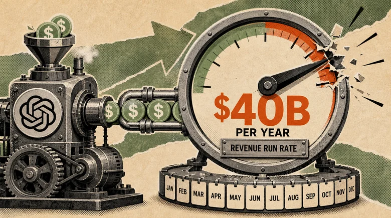 Halftone paper-collage illustration of a cast-iron machine carrying the OpenAI logo, feeding dollar coins through pipes into a huge pressure gauge that reads $40B PER YEAR REVENUE RUN RATE, its needle buried in the red and the dial cracking, mounted on a ring of month tabs from January to December