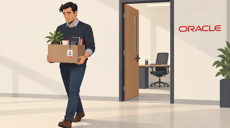 Illustration of a laid-off Oracle employee carrying a box of desk belongings out of an office door, with the red Oracle wordmark on the wall behind him