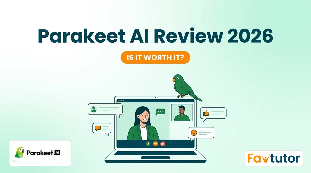 Parakeet AI review: an illustrated laptop interview scene with the Parakeet AI and FavTutor logos