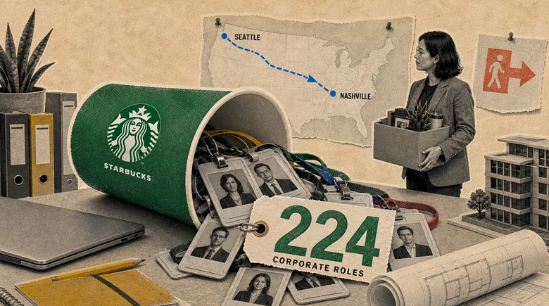 Halftone paper-collage illustration of a toppled green Starbucks cup spilling employee ID badges across a desk, a torn tag reading 224 CORPORATE ROLES lying among them, a pinned US map with a dashed blue line running from Seattle to Nashville, and a woman in a blazer carrying a box of desk belongings past an exit sign
